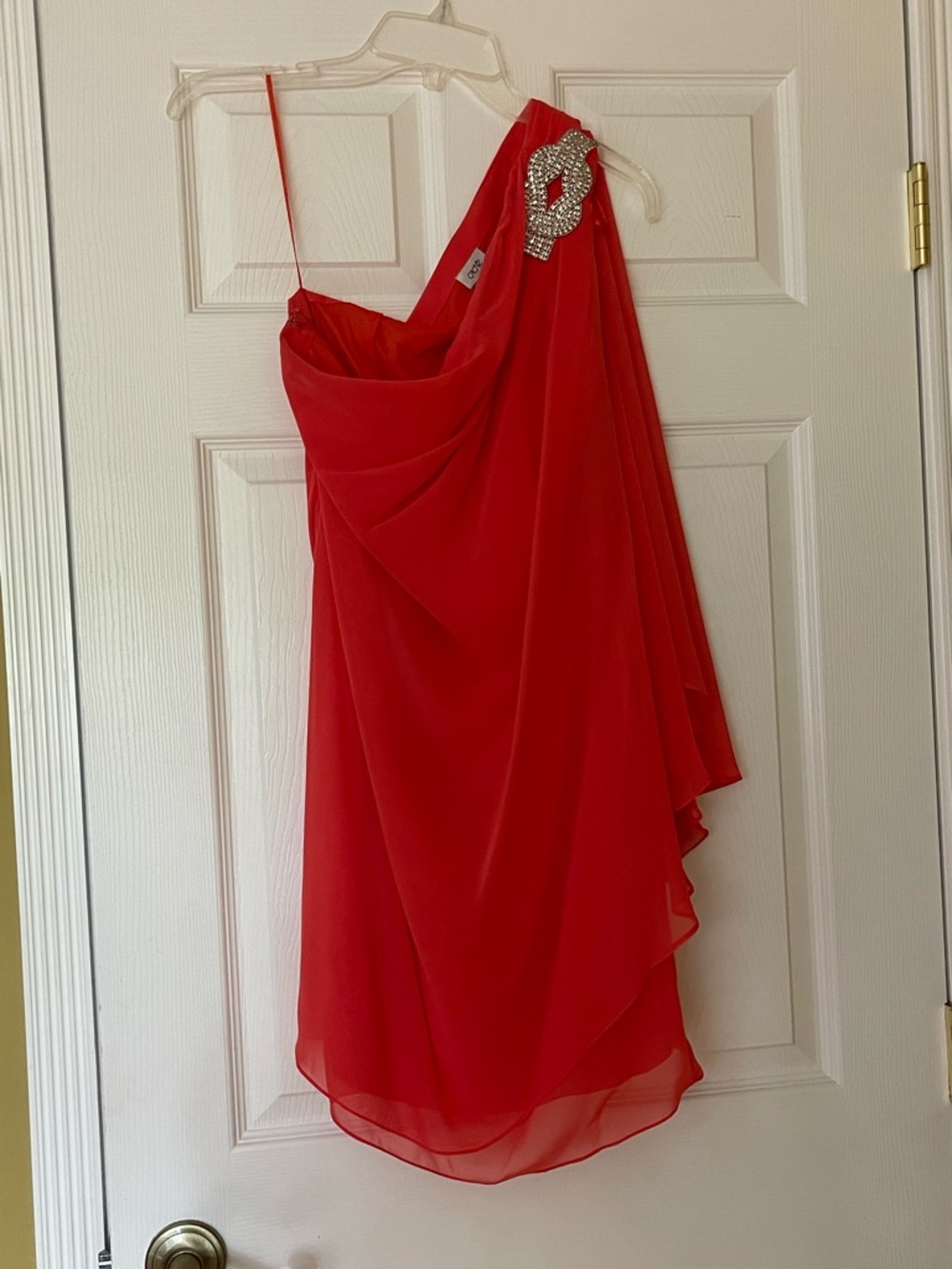 Cache Red One-Shoulder Draped Cocktail Dress with Rhinestone Accent